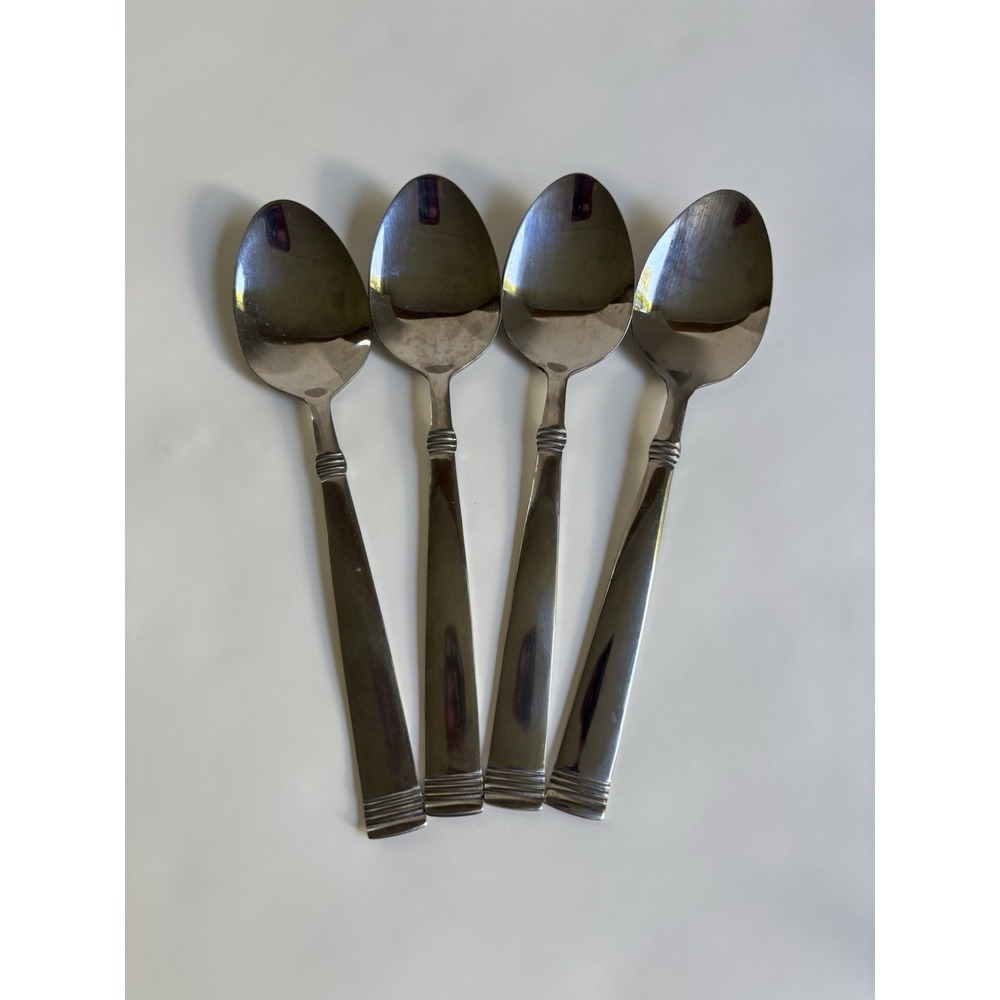 4 Pfaltzgraff Stainless Steel NAPOLI (?) Linear Banded Soup Spoons Tablespoons